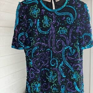 Laurence Kazar Black and Blue Sequin Blouse